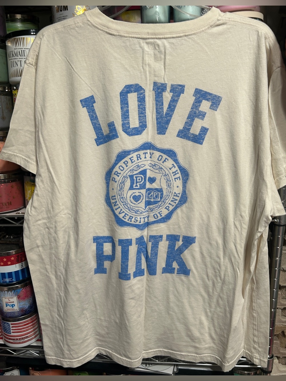 PINK Victoria's Secret Cream Tee with Blue 'LOVE PINK' Graphic